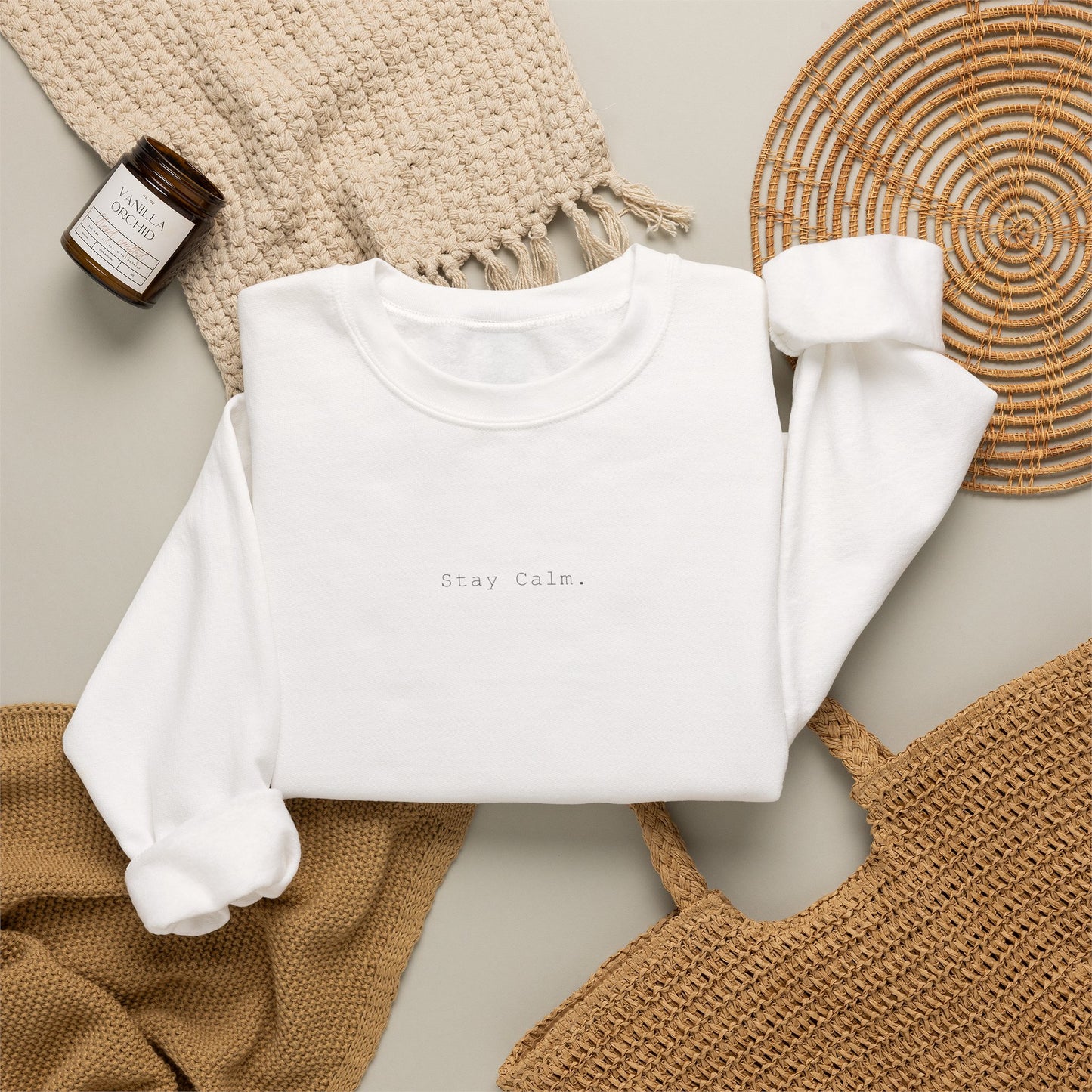 Minimal White Crewneck Sweatshirt — Clean Embroidered Chest Logo